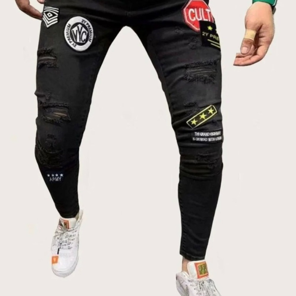 Guys Patched Destressed Skinny Jeans